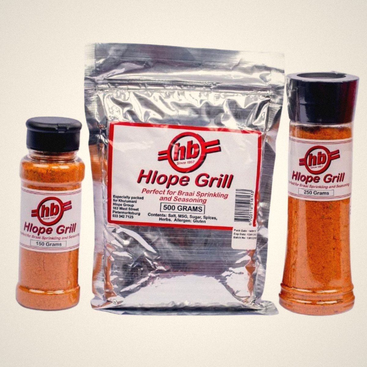 Hlope Grill 150g shaker, 500g packet and 250g shaker